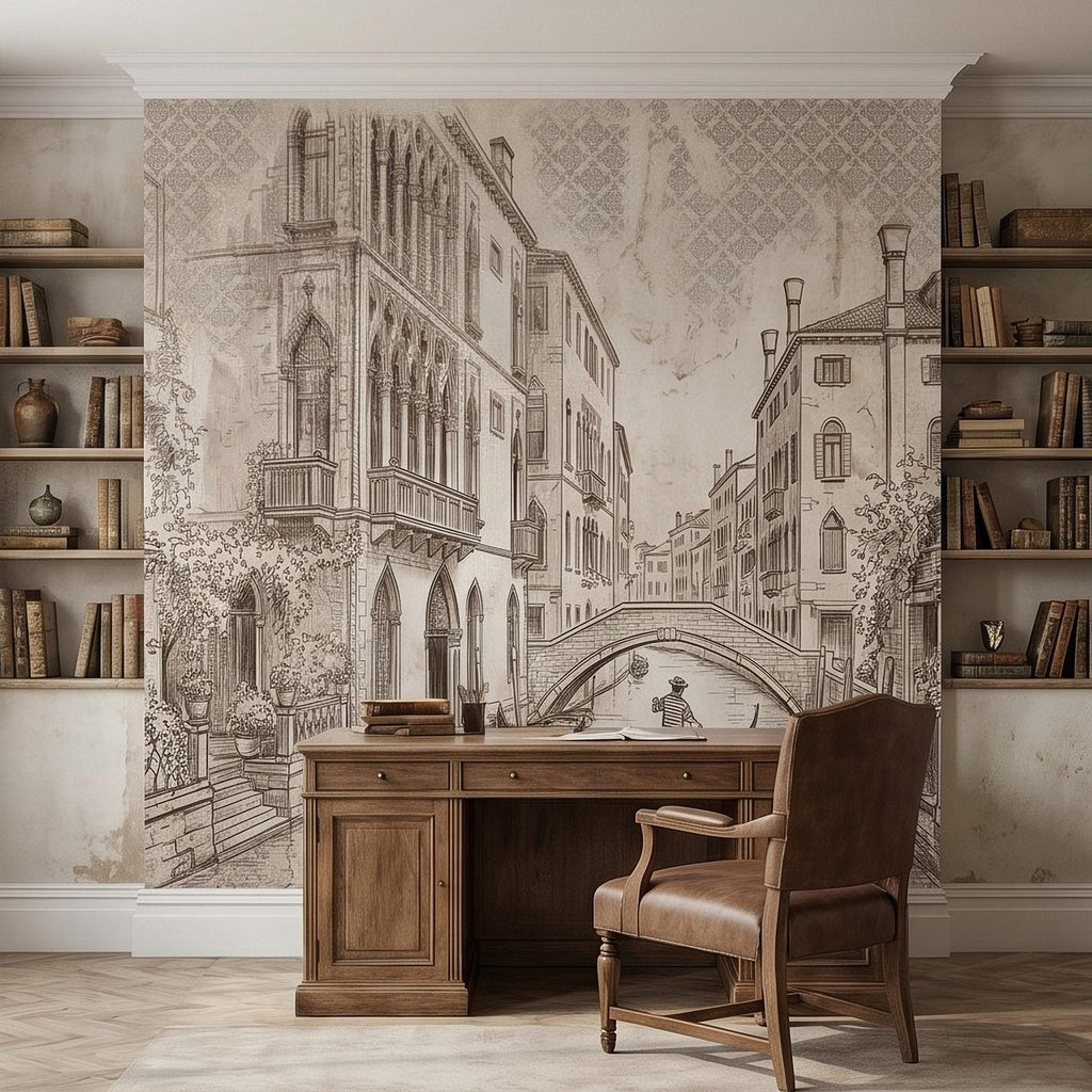 Venice Canal Gondola Peel and Stick Wall Mural, Vintage Italian City Sketch, Architectural Line Drawing, Neutral Sepia Old World Wallpaper
