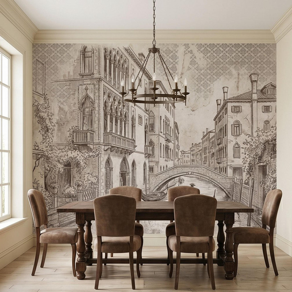 Venice Canal Gondola Peel and Stick Wall Mural, Vintage Italian City Sketch, Architectural Line Drawing, Neutral Sepia Old World Wallpaper