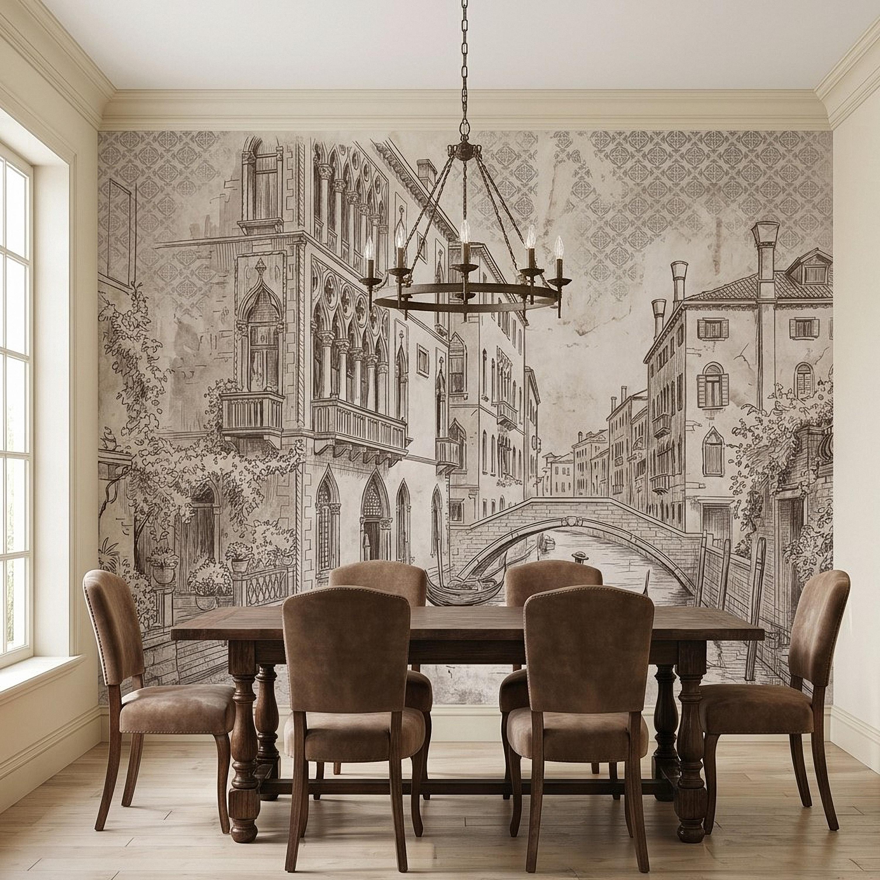 Venice Canal Gondola Peel and Stick Wall Mural, Vintage Italian City Sketch, Architectural Line Drawing, Neutral Sepia Old World Wallpaper