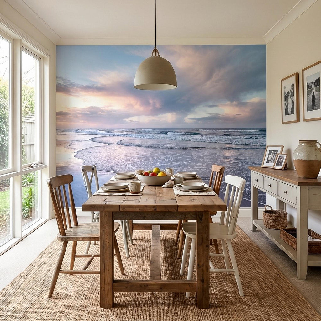 Pastel Sunset Beach Peel and Stick Wall Mural, Soft Ocean Waves Coastal Seascape, Pink Blue Sky, Calm Minimal Seaside Scene Wallpaper