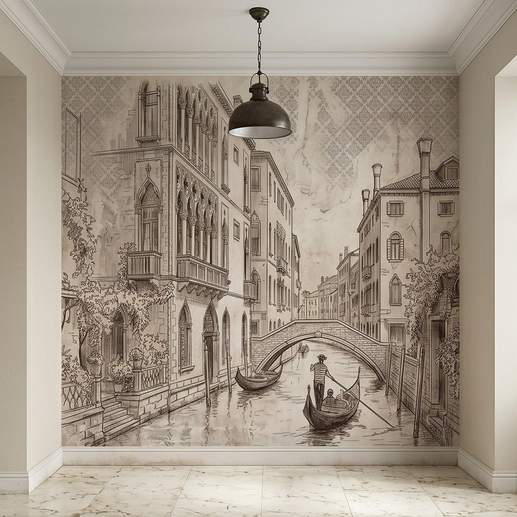 Venice Canal Gondola Peel and Stick Wall Mural, Vintage Italian City Sketch, Architectural Line Drawing, Neutral Sepia Old World Wallpaper