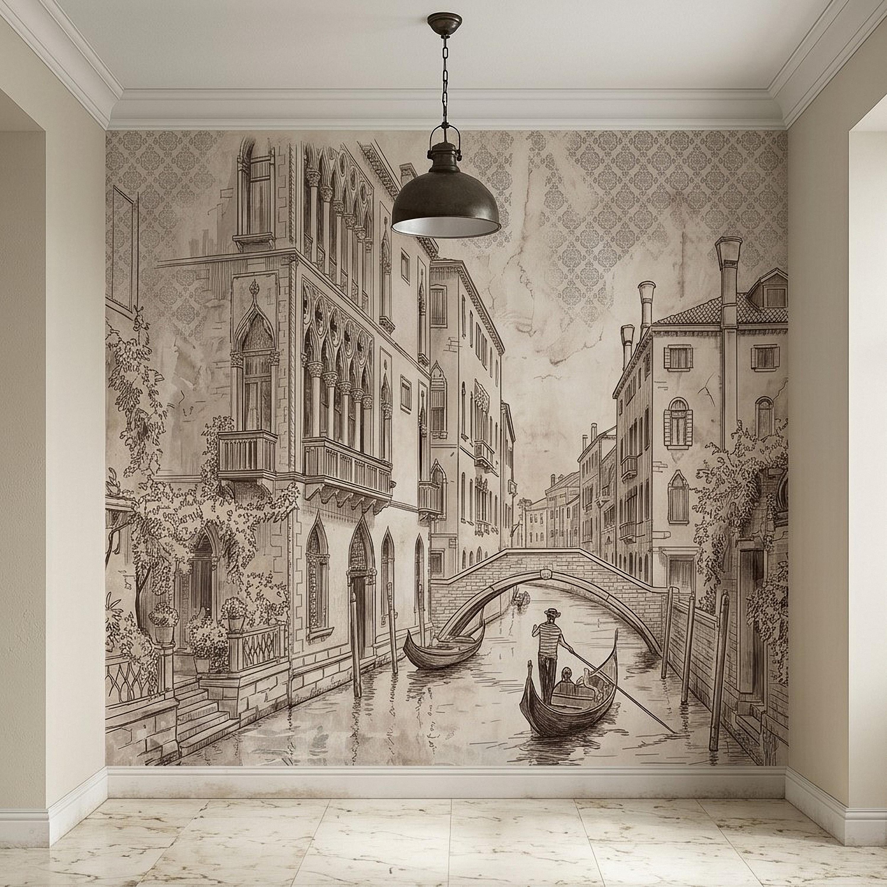 Venice Canal Gondola Peel and Stick Wall Mural, Vintage Italian City Sketch, Architectural Line Drawing, Neutral Sepia Old World Wallpaper