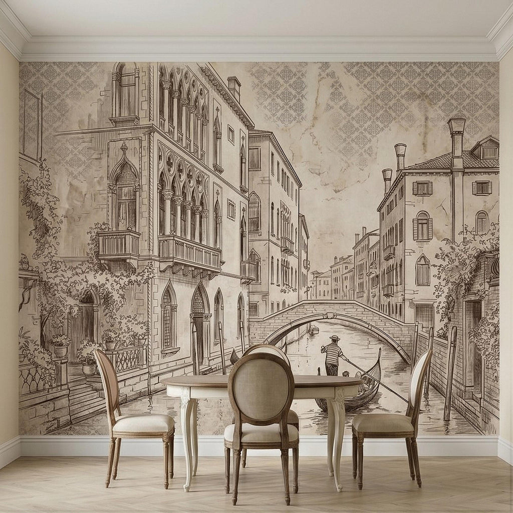 Venice Canal Gondola Peel and Stick Wall Mural, Vintage Italian City Sketch, Architectural Line Drawing, Neutral Sepia Old World Wallpaper