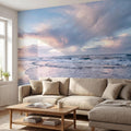 Pastel Sunset Beach Peel and Stick Wall Mural, Soft Ocean Waves Coastal Seascape, Pink Blue Sky, Calm Minimal Seaside Scene Wallpaper