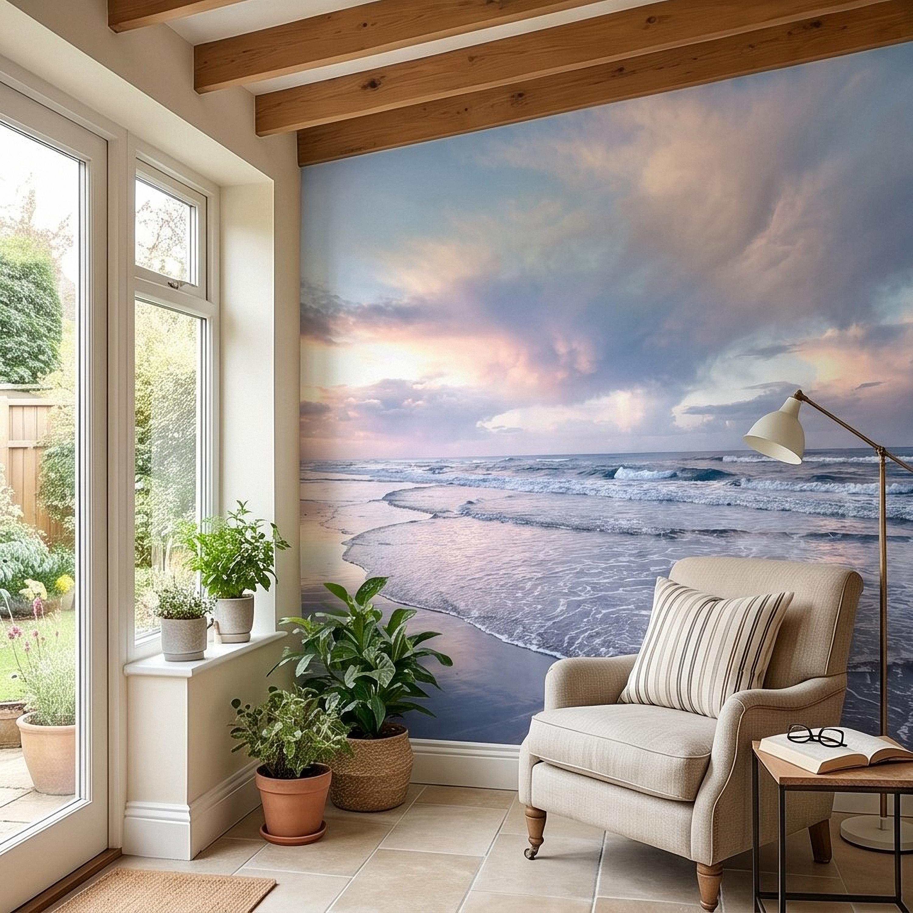 Pastel Sunset Beach Peel and Stick Wall Mural, Soft Ocean Waves Coastal Seascape, Pink Blue Sky, Calm Minimal Seaside Scene Wallpaper