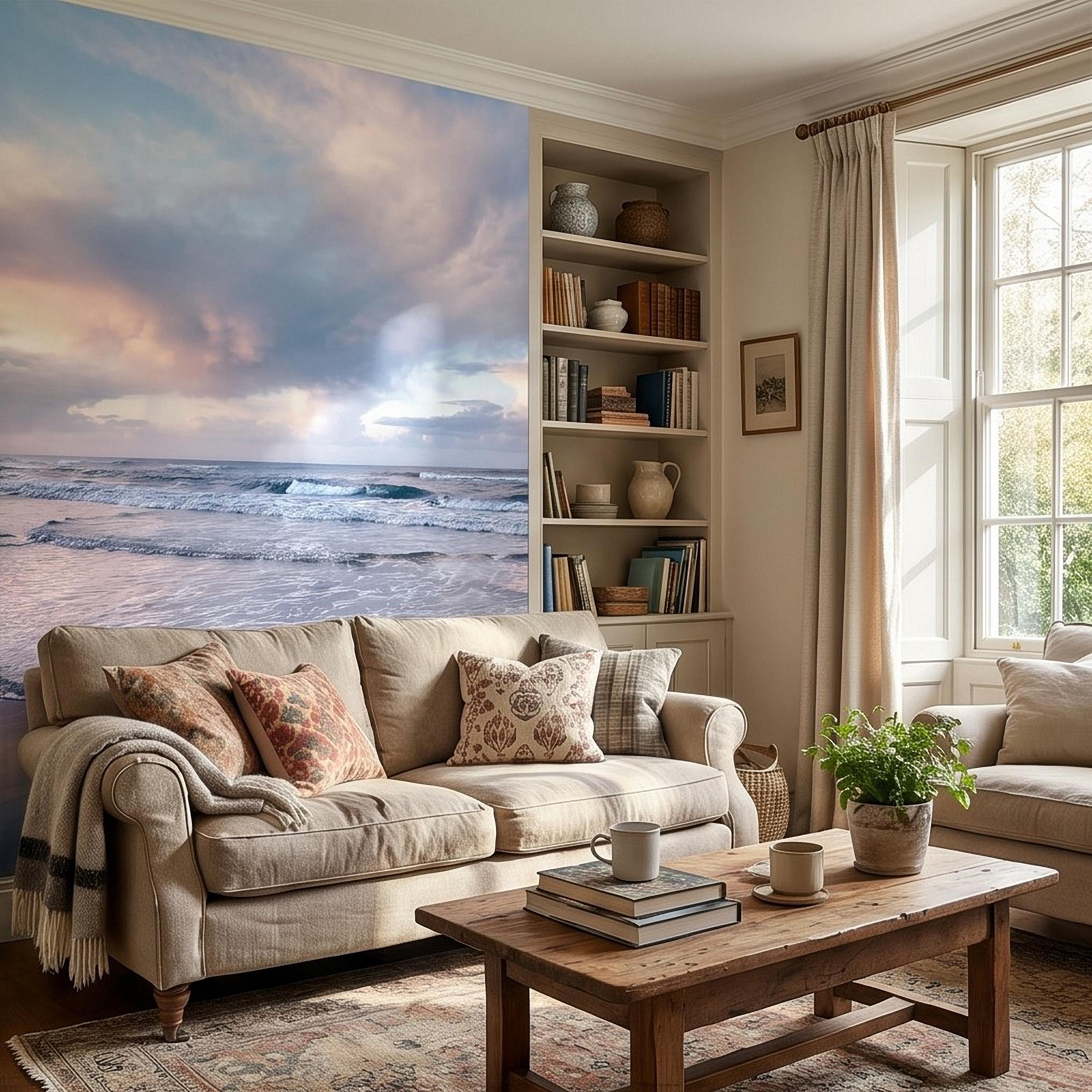 Pastel Sunset Beach Peel and Stick Wall Mural, Soft Ocean Waves Coastal Seascape, Pink Blue Sky, Calm Minimal Seaside Scene Wallpaper