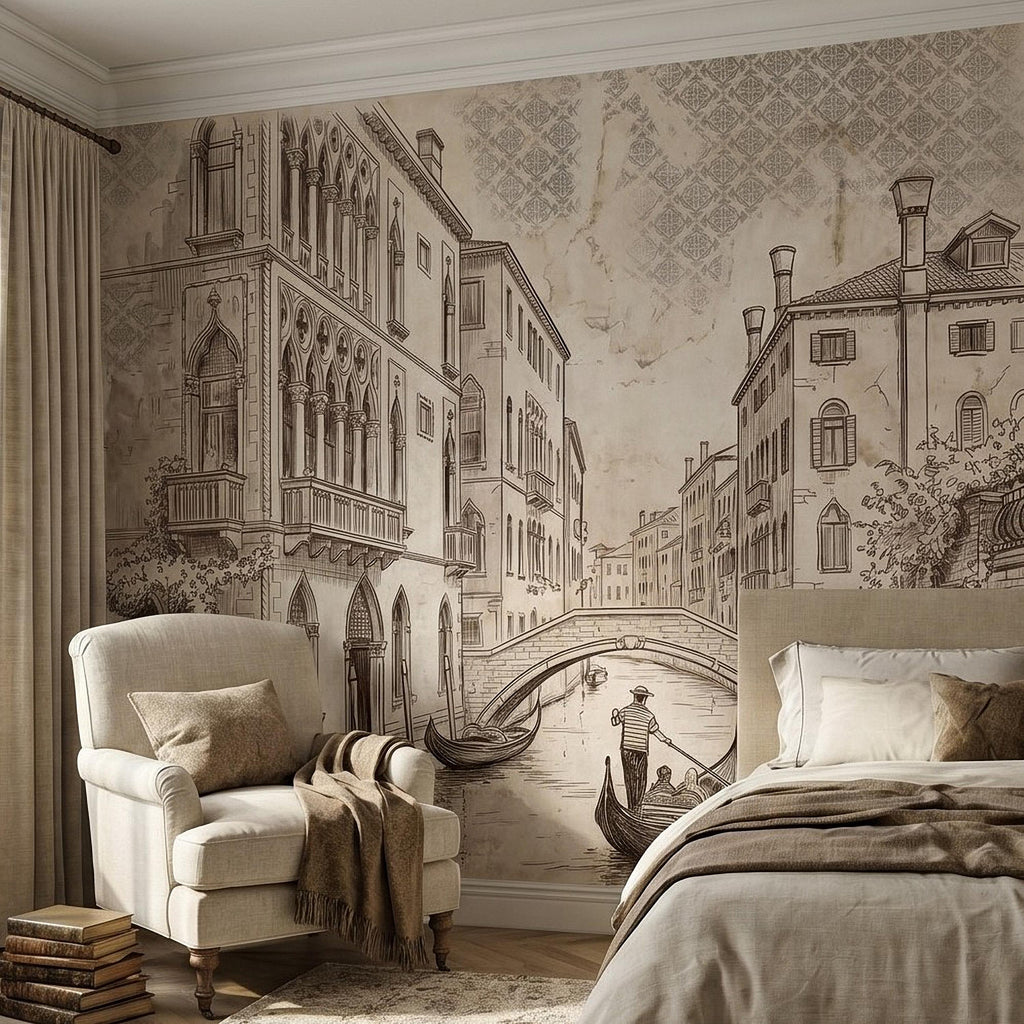 Venice Canal Gondola Peel and Stick Wall Mural, Vintage Italian City Sketch, Architectural Line Drawing, Neutral Sepia Old World Wallpaper