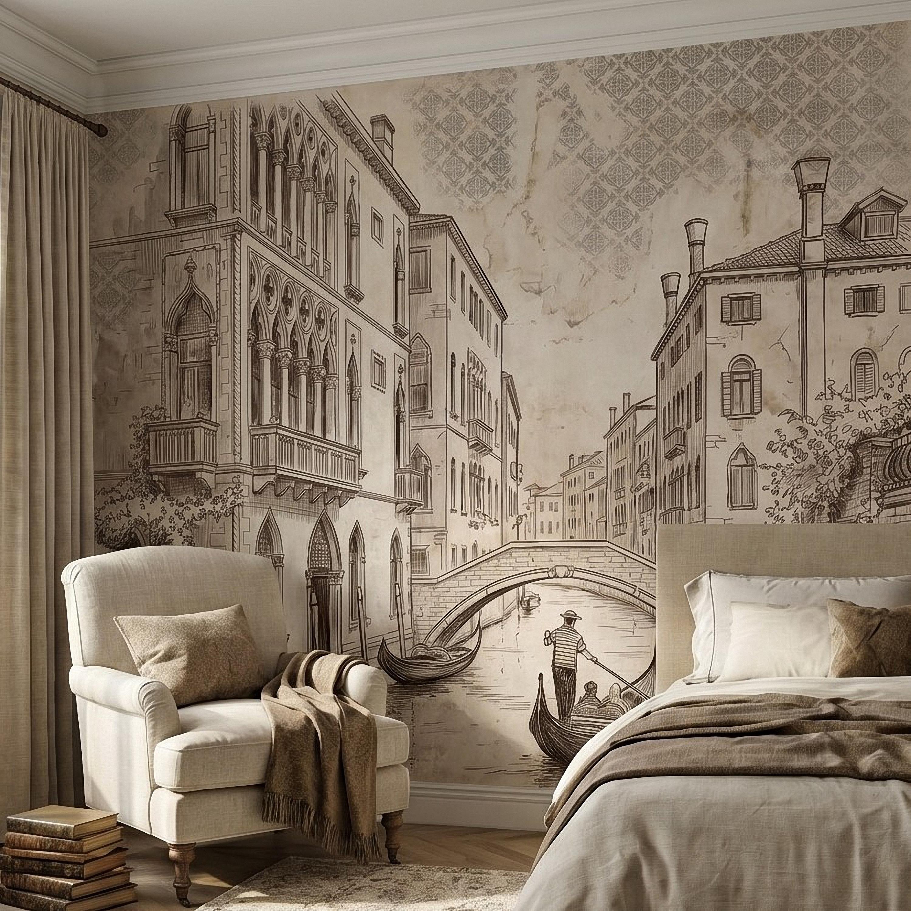 Venice Canal Gondola Peel and Stick Wall Mural, Vintage Italian City Sketch, Architectural Line Drawing, Neutral Sepia Old World Wallpaper