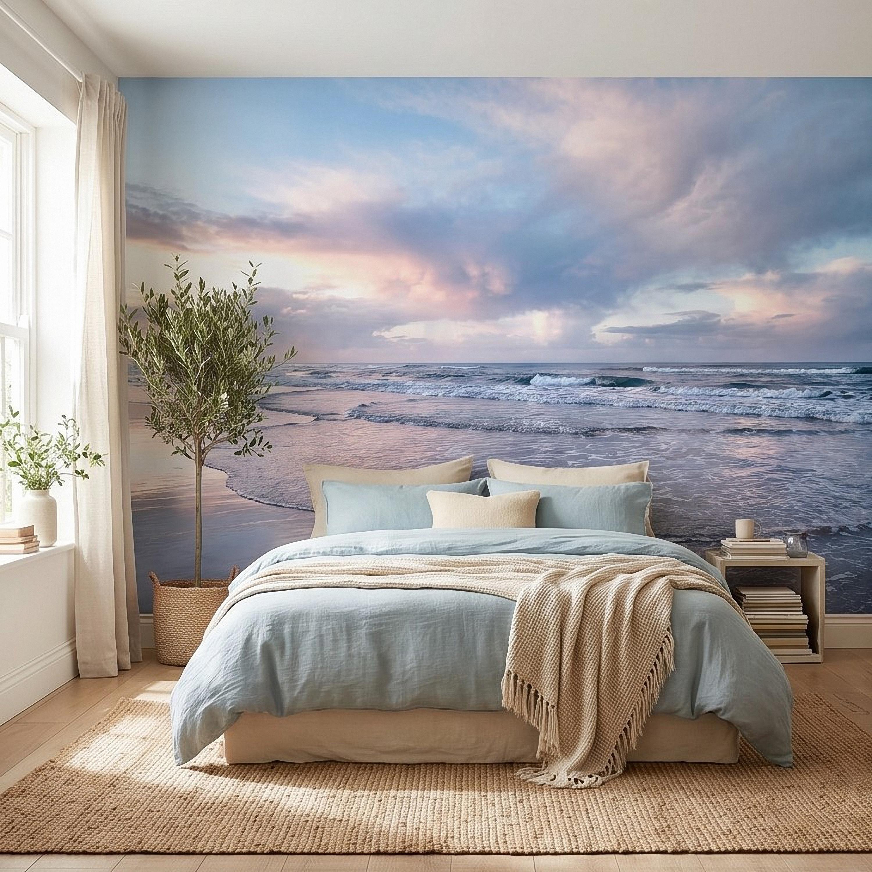 Pastel Sunset Beach Peel and Stick Wall Mural, Soft Ocean Waves Coastal Seascape, Pink Blue Sky, Calm Minimal Seaside Scene Wallpaper