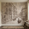 Venice Canal Gondola Peel and Stick Wall Mural, Vintage Italian City Sketch, Architectural Line Drawing, Neutral Sepia Old World Wallpaper