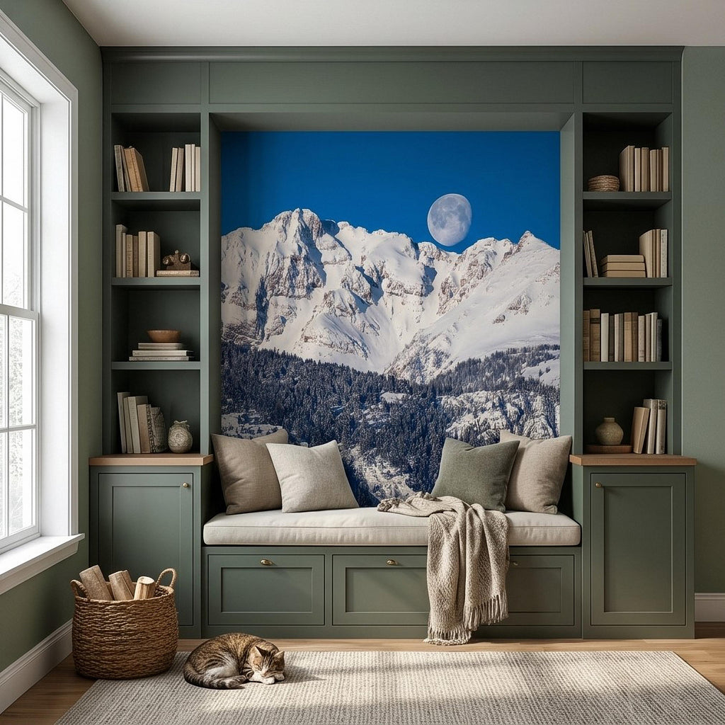 Snowy Mountain Moon Peel and Stick Wall Mural, Alpine Winter Peaks and Pine Forest Landscape, Blue Sky Scenic Scandinavian Cabin Wallpaper