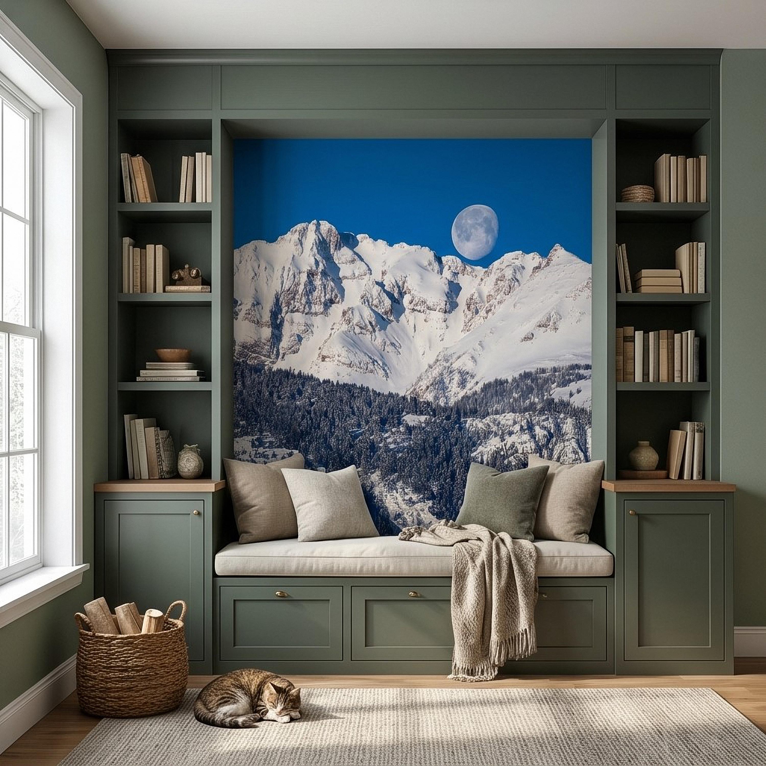 Snowy Mountain Moon Peel and Stick Wall Mural, Alpine Winter Peaks and Pine Forest Landscape, Blue Sky Scenic Scandinavian Cabin Wallpaper