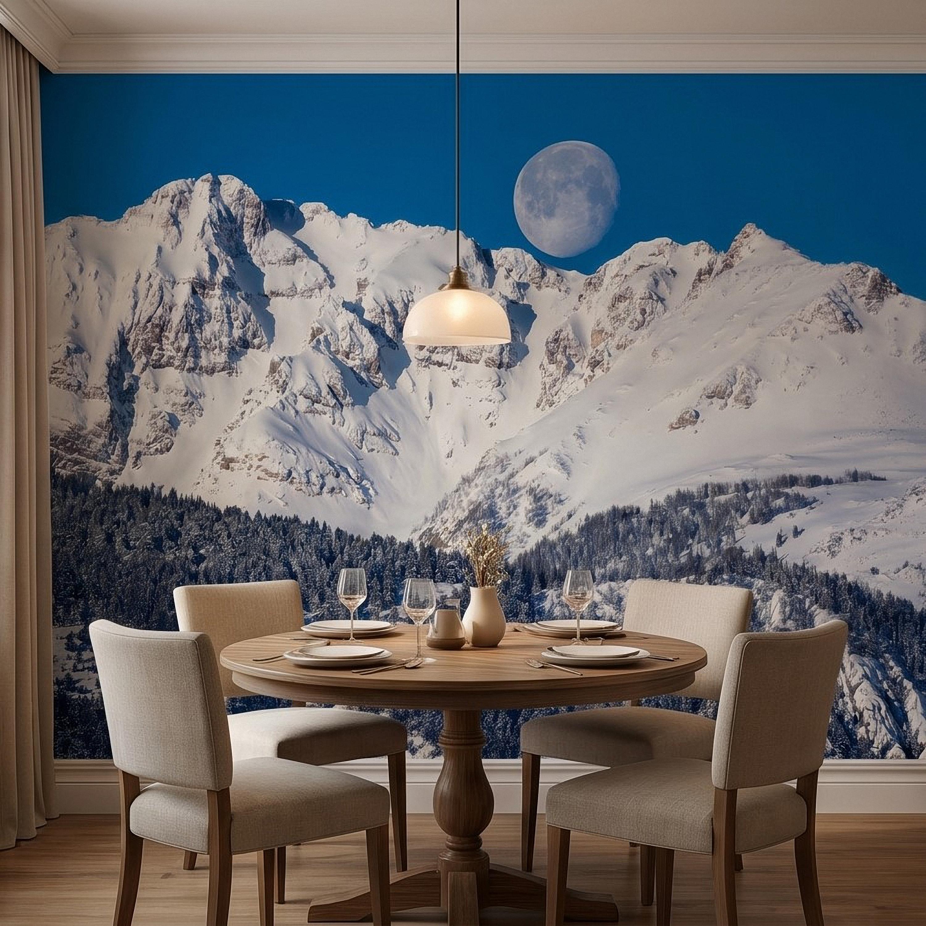 Snowy Mountain Moon Peel and Stick Wall Mural, Alpine Winter Peaks and Pine Forest Landscape, Blue Sky Scenic Scandinavian Cabin Wallpaper