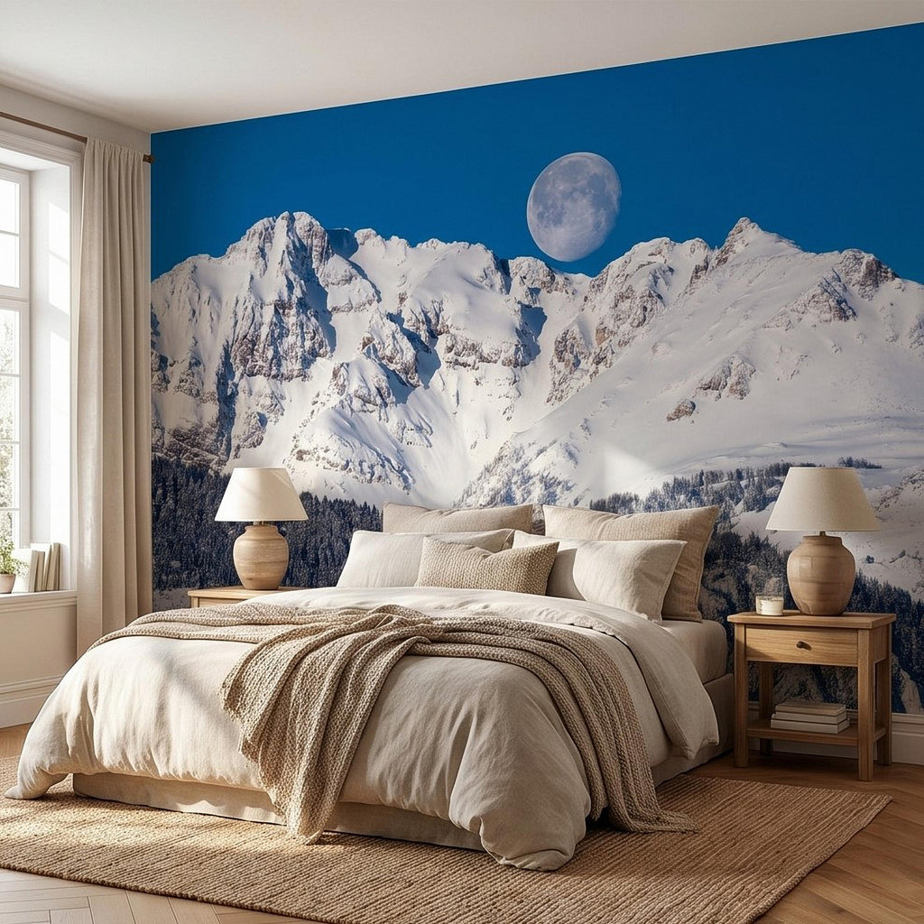 Snowy Mountain Moon Peel and Stick Wall Mural, Alpine Winter Peaks and Pine Forest Landscape, Blue Sky Scenic Scandinavian Cabin Wallpaper