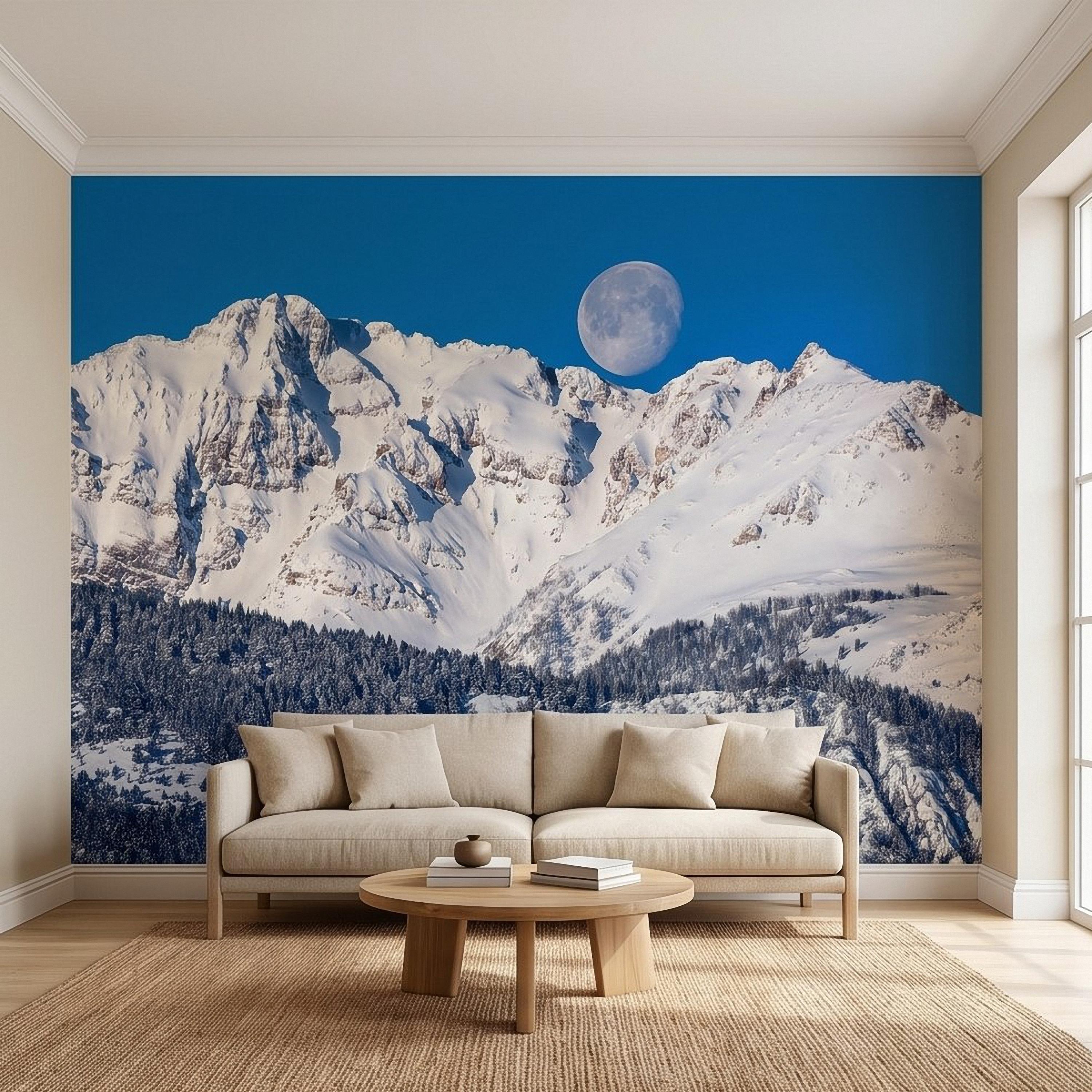 Snowy Mountain Moon Peel and Stick Wall Mural, Alpine Winter Peaks and Pine Forest Landscape, Blue Sky Scenic Scandinavian Cabin Wallpaper