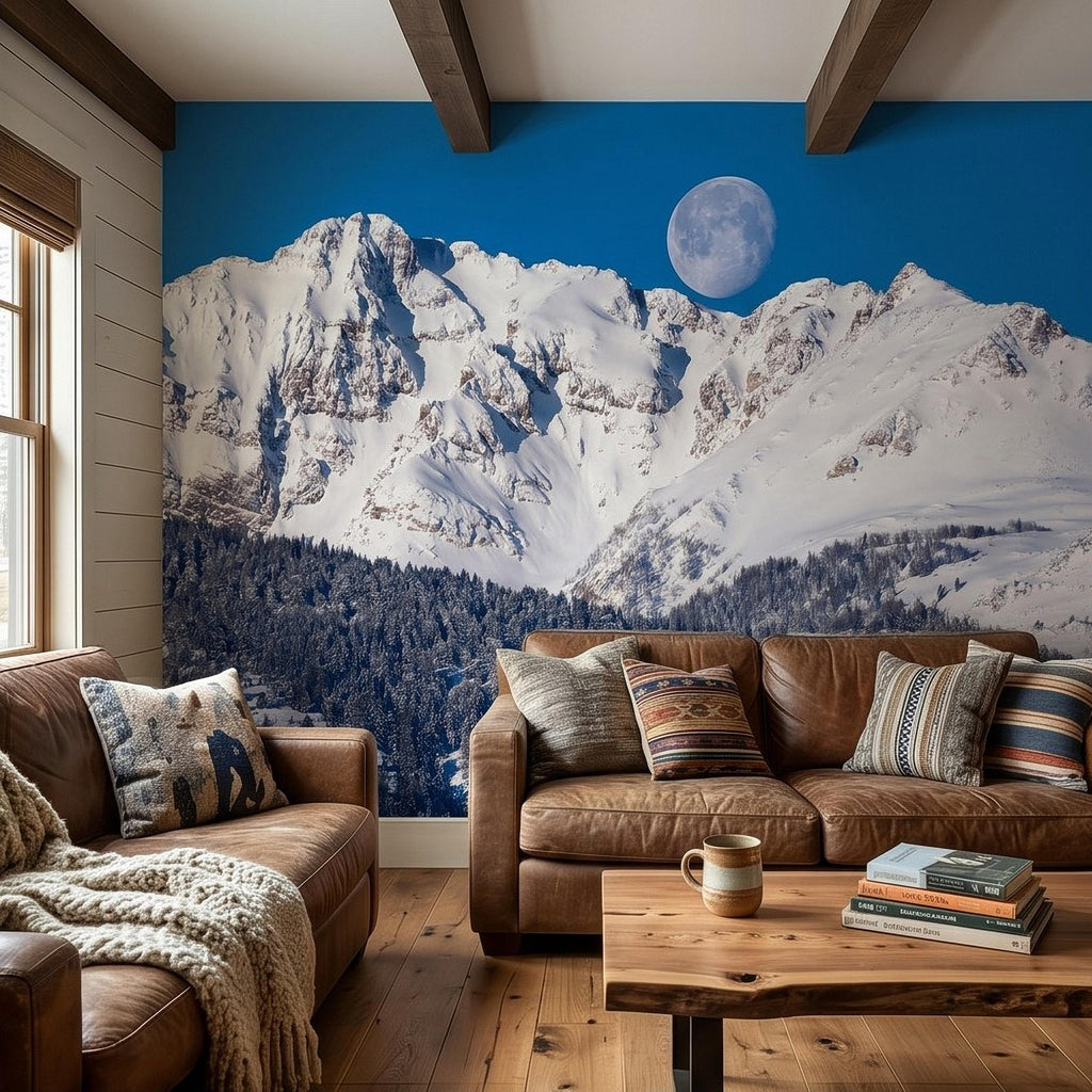Snowy Mountain Moon Peel and Stick Wall Mural, Alpine Winter Peaks and Pine Forest Landscape, Blue Sky Scenic Scandinavian Cabin Wallpaper