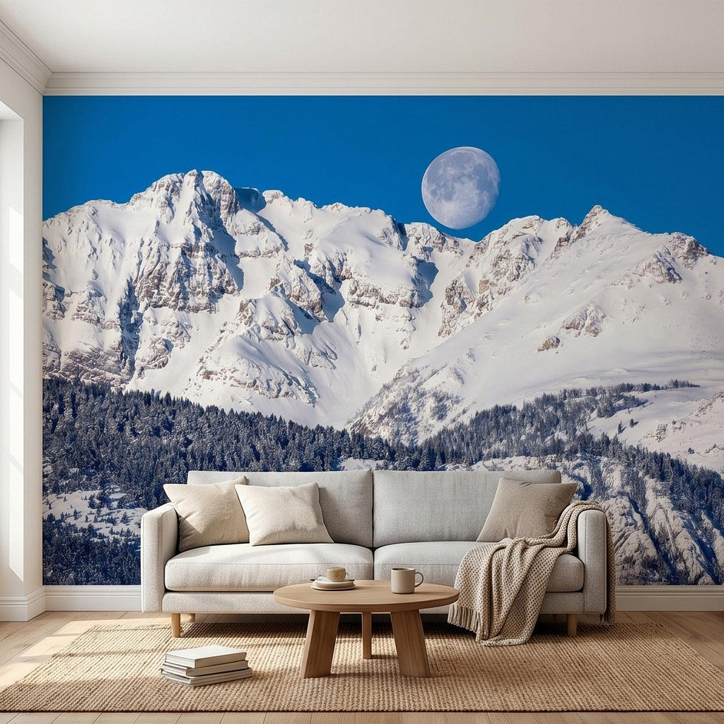 Snowy Mountain Moon Peel and Stick Wall Mural, Alpine Winter Peaks and Pine Forest Landscape, Blue Sky Scenic Scandinavian Cabin Wallpaper