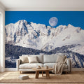 Snowy Mountain Moon Peel and Stick Wall Mural, Alpine Winter Peaks and Pine Forest Landscape, Blue Sky Scenic Scandinavian Cabin Wallpaper