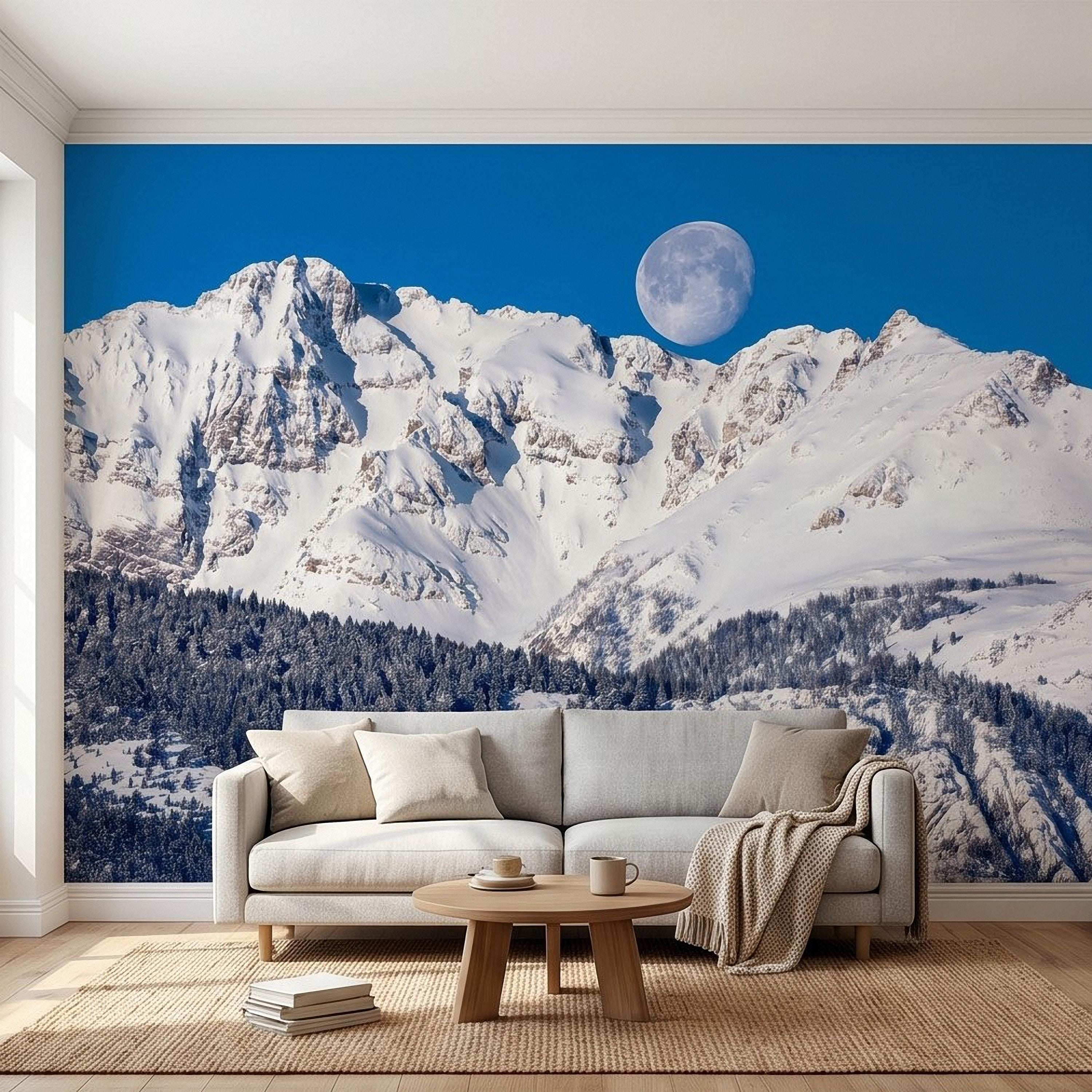 Snowy Mountain Moon Peel and Stick Wall Mural, Alpine Winter Peaks and Pine Forest Landscape, Blue Sky Scenic Scandinavian Cabin Wallpaper