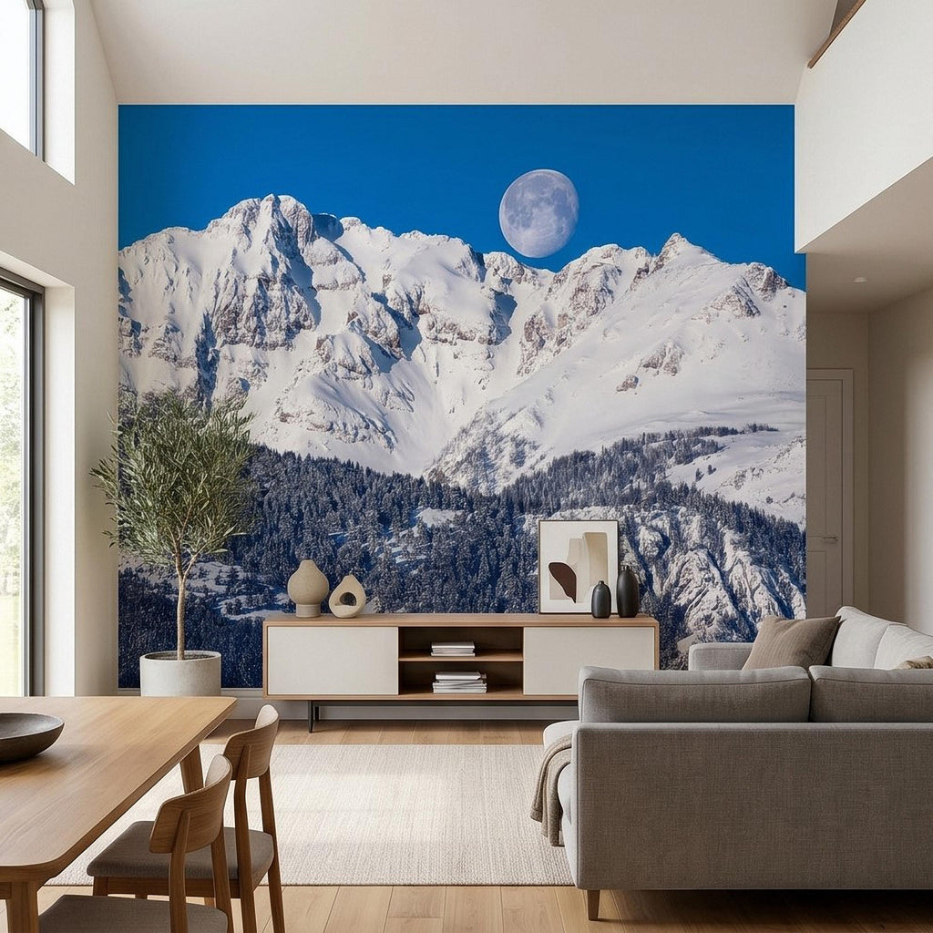 Snowy Mountain Moon Peel and Stick Wall Mural, Alpine Winter Peaks and Pine Forest Landscape, Blue Sky Scenic Scandinavian Cabin Wallpaper