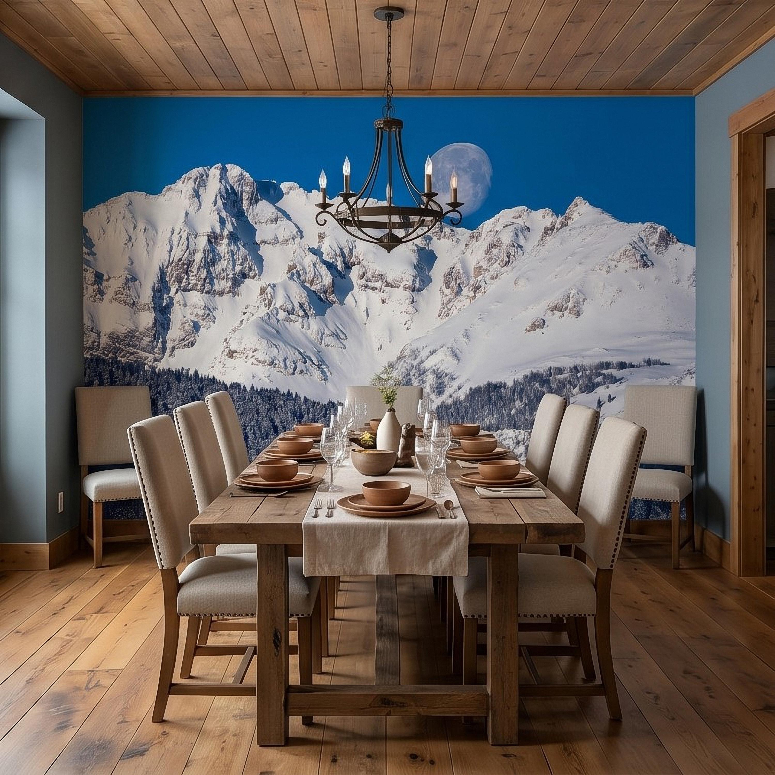 Snowy Mountain Moon Peel and Stick Wall Mural, Alpine Winter Peaks and Pine Forest Landscape, Blue Sky Scenic Scandinavian Cabin Wallpaper