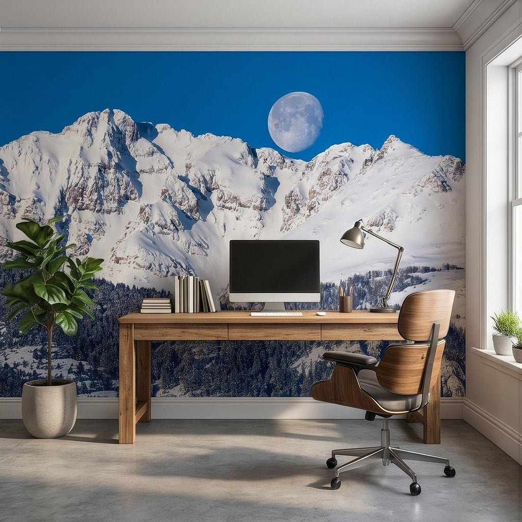 Snowy Mountain Moon Peel and Stick Wall Mural, Alpine Winter Peaks and Pine Forest Landscape, Blue Sky Scenic Scandinavian Cabin Wallpaper