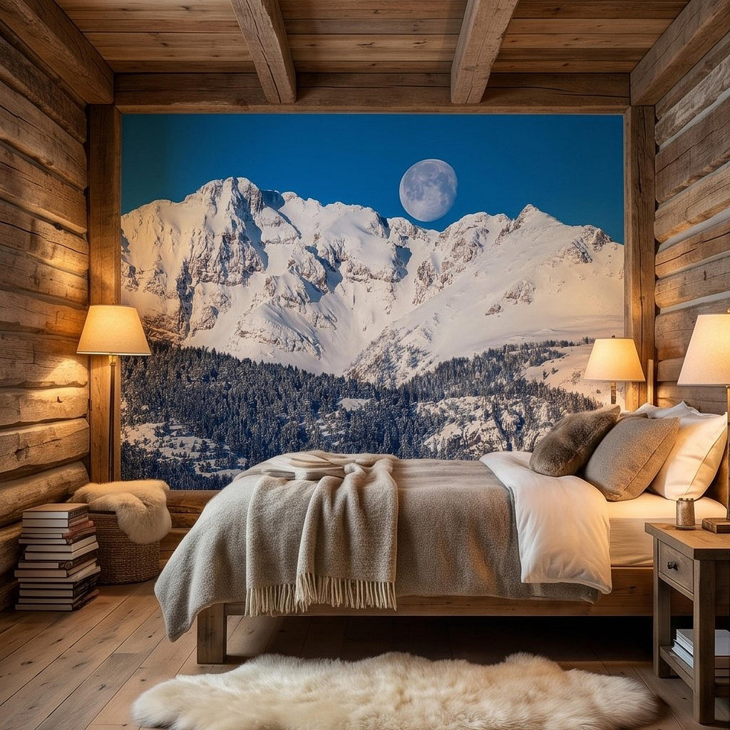 Snowy Mountain Moon Peel and Stick Wall Mural, Alpine Winter Peaks and Pine Forest Landscape, Blue Sky Scenic Scandinavian Cabin Wallpaper