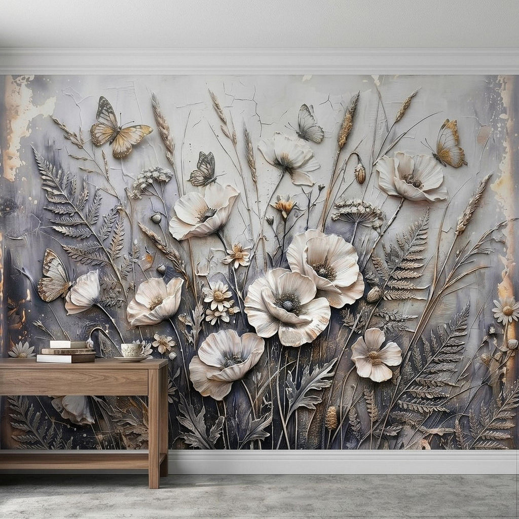 White Floral Botanical Peel & Stick Wall Mural Textured Butterflies Wildflowers Gray Plaster Style Luxury Embossed Vintage Elegant Wallpaper