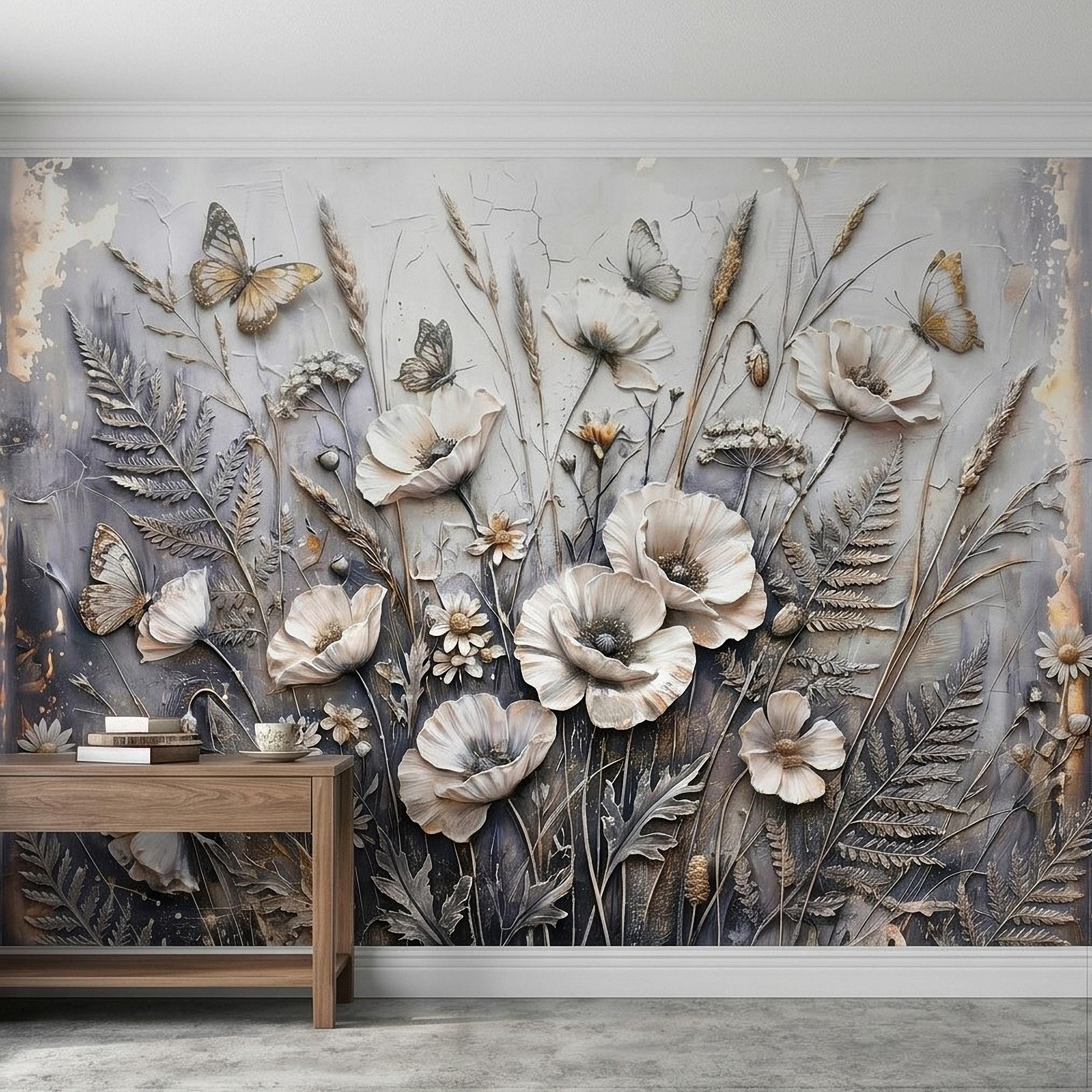 White Floral Botanical Peel & Stick Wall Mural Textured Butterflies Wildflowers Gray Plaster Style Luxury Embossed Vintage Elegant Wallpaper