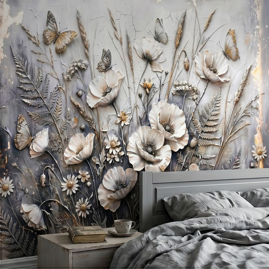 White Floral Botanical Peel & Stick Wall Mural Textured Butterflies Wildflowers Gray Plaster Style Luxury Embossed Vintage Elegant Wallpaper