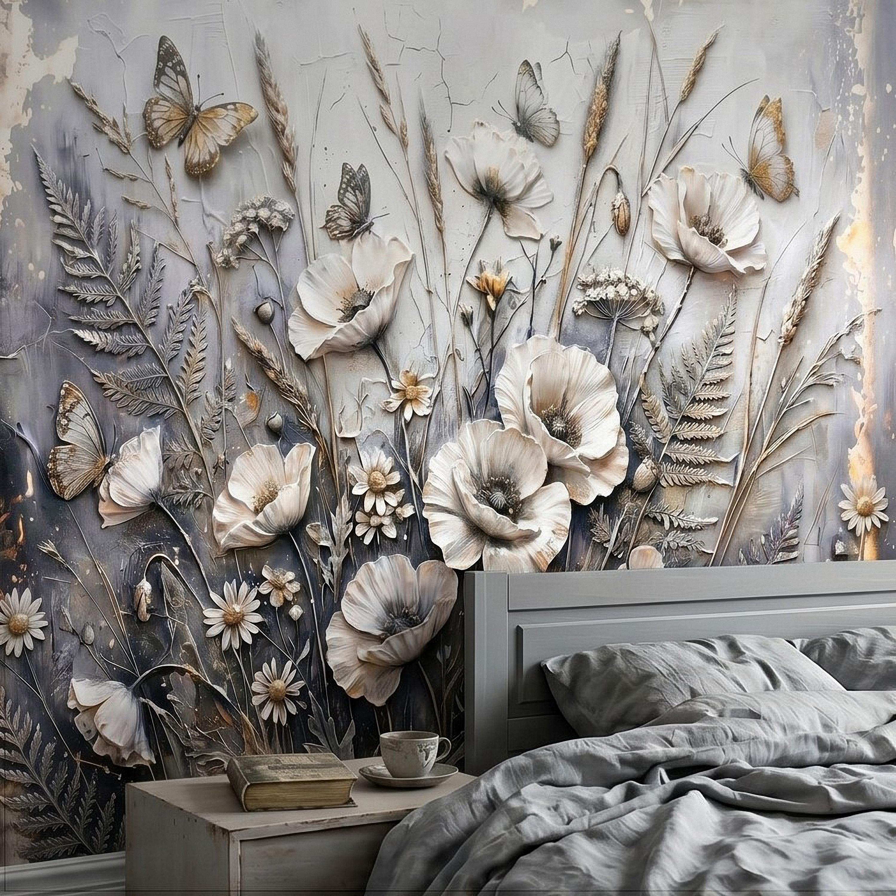 White Floral Botanical Peel & Stick Wall Mural Textured Butterflies Wildflowers Gray Plaster Style Luxury Embossed Vintage Elegant Wallpaper