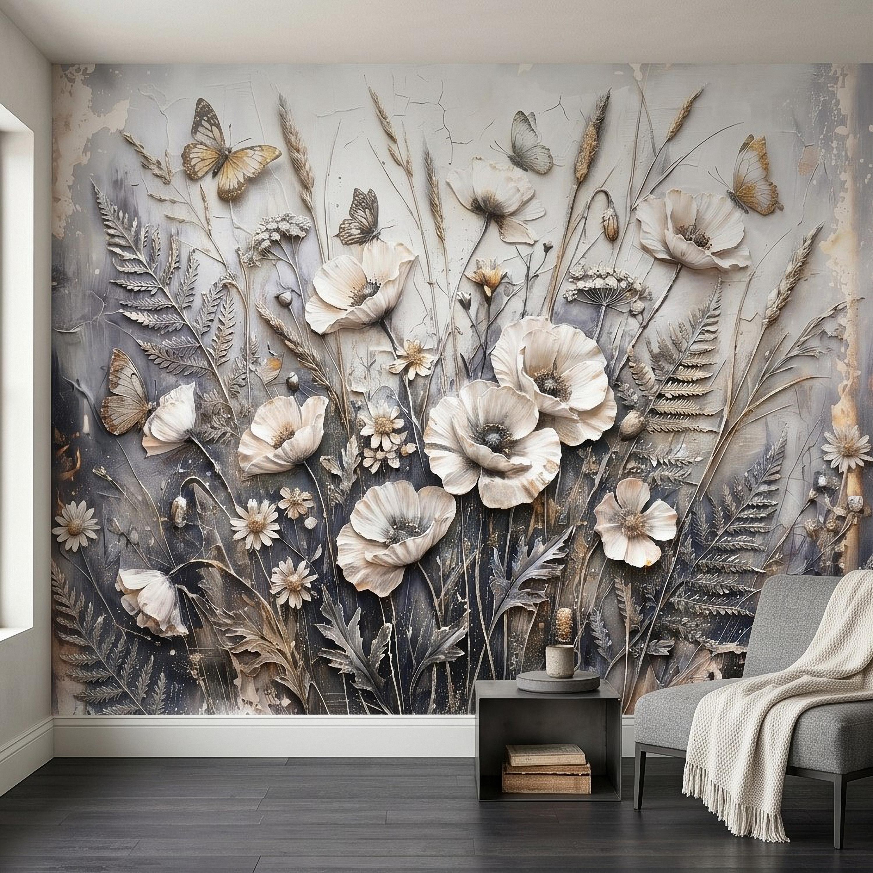 White Floral Botanical Peel & Stick Wall Mural Textured Butterflies Wildflowers Gray Plaster Style Luxury Embossed Vintage Elegant Wallpaper