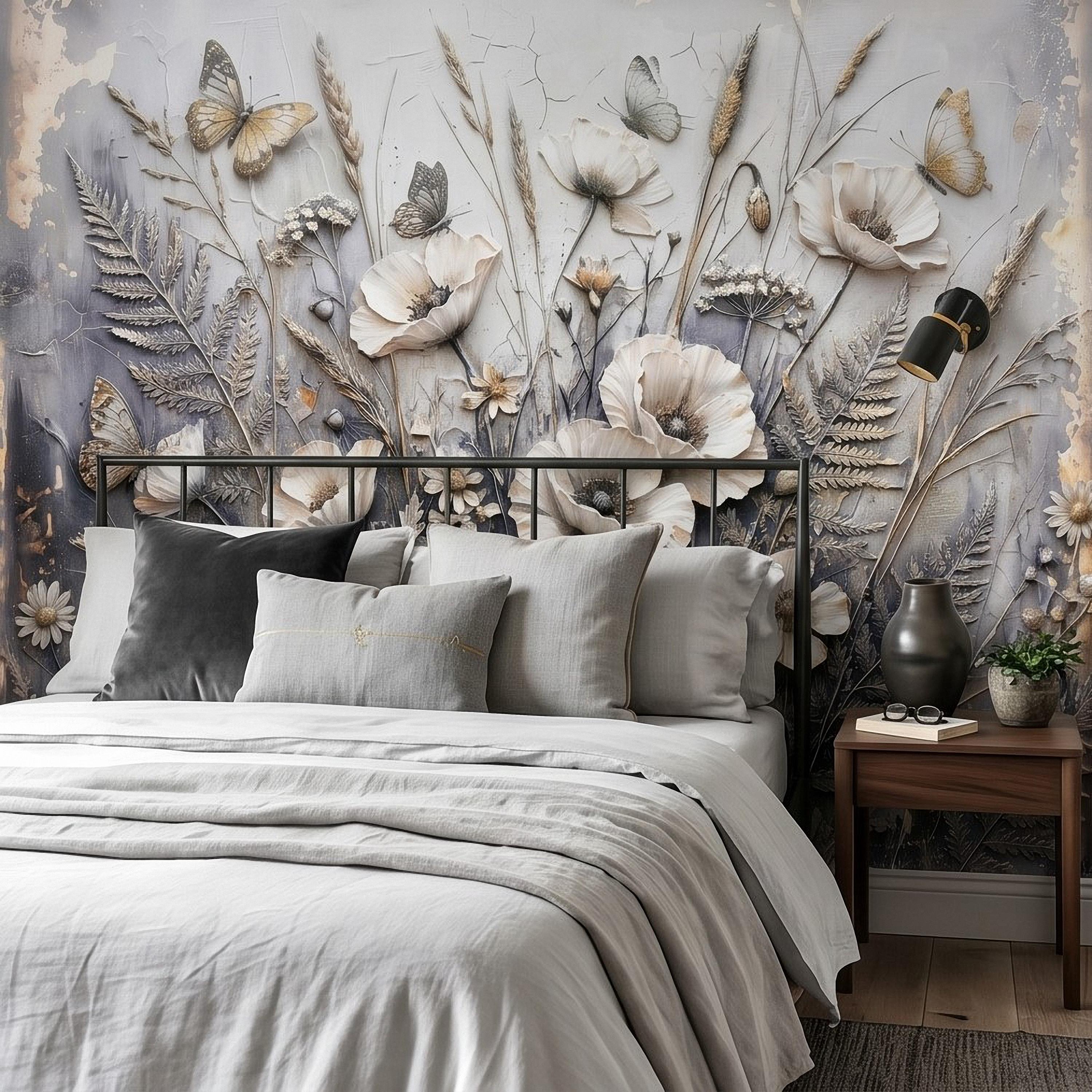 White Floral Botanical Peel & Stick Wall Mural Textured Butterflies Wildflowers Gray Plaster Style Luxury Embossed Vintage Elegant Wallpaper