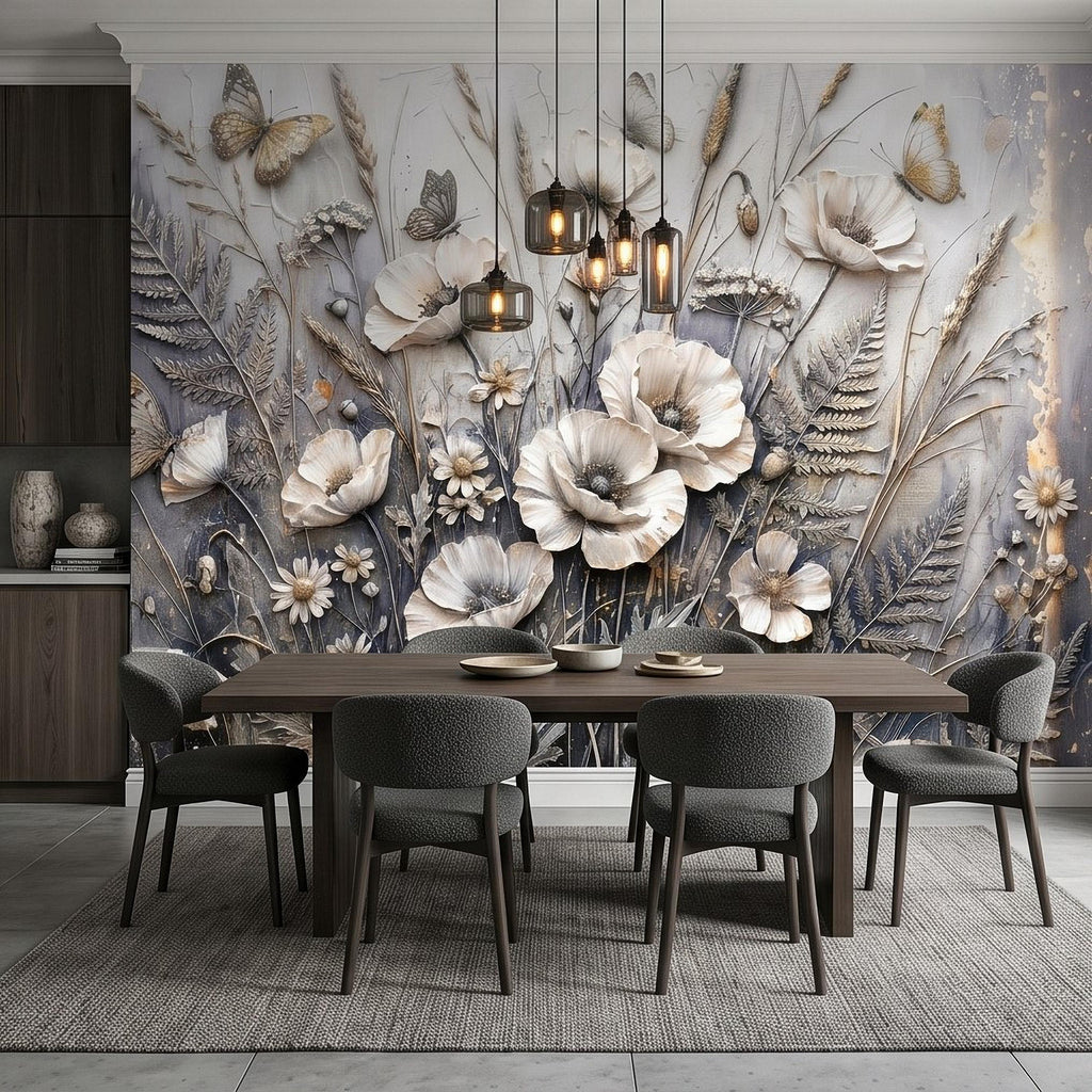 White Floral Botanical Peel & Stick Wall Mural Textured Butterflies Wildflowers Gray Plaster Style Luxury Embossed Vintage Elegant Wallpaper