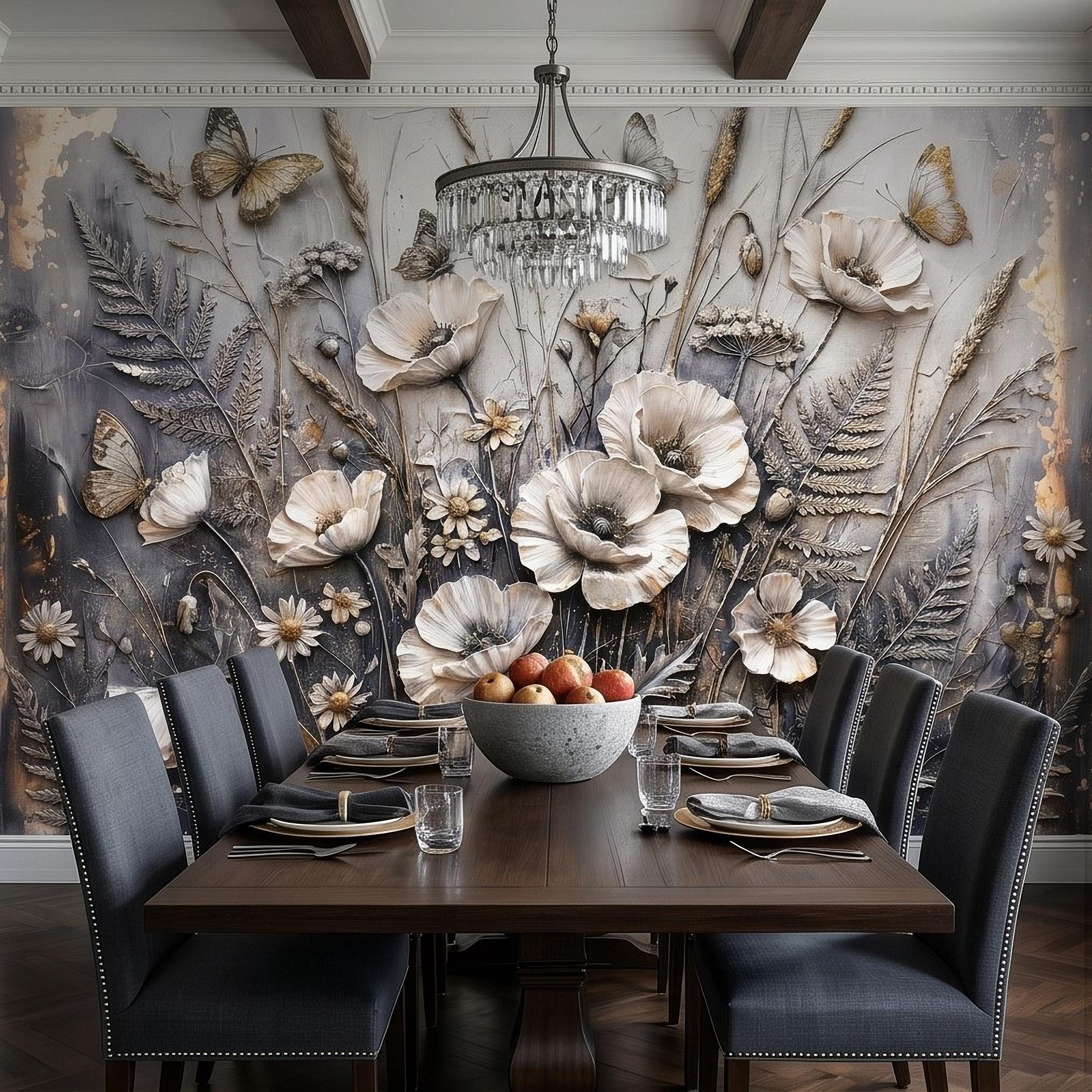 White Floral Botanical Peel & Stick Wall Mural Textured Butterflies Wildflowers Gray Plaster Style Luxury Embossed Vintage Elegant Wallpaper