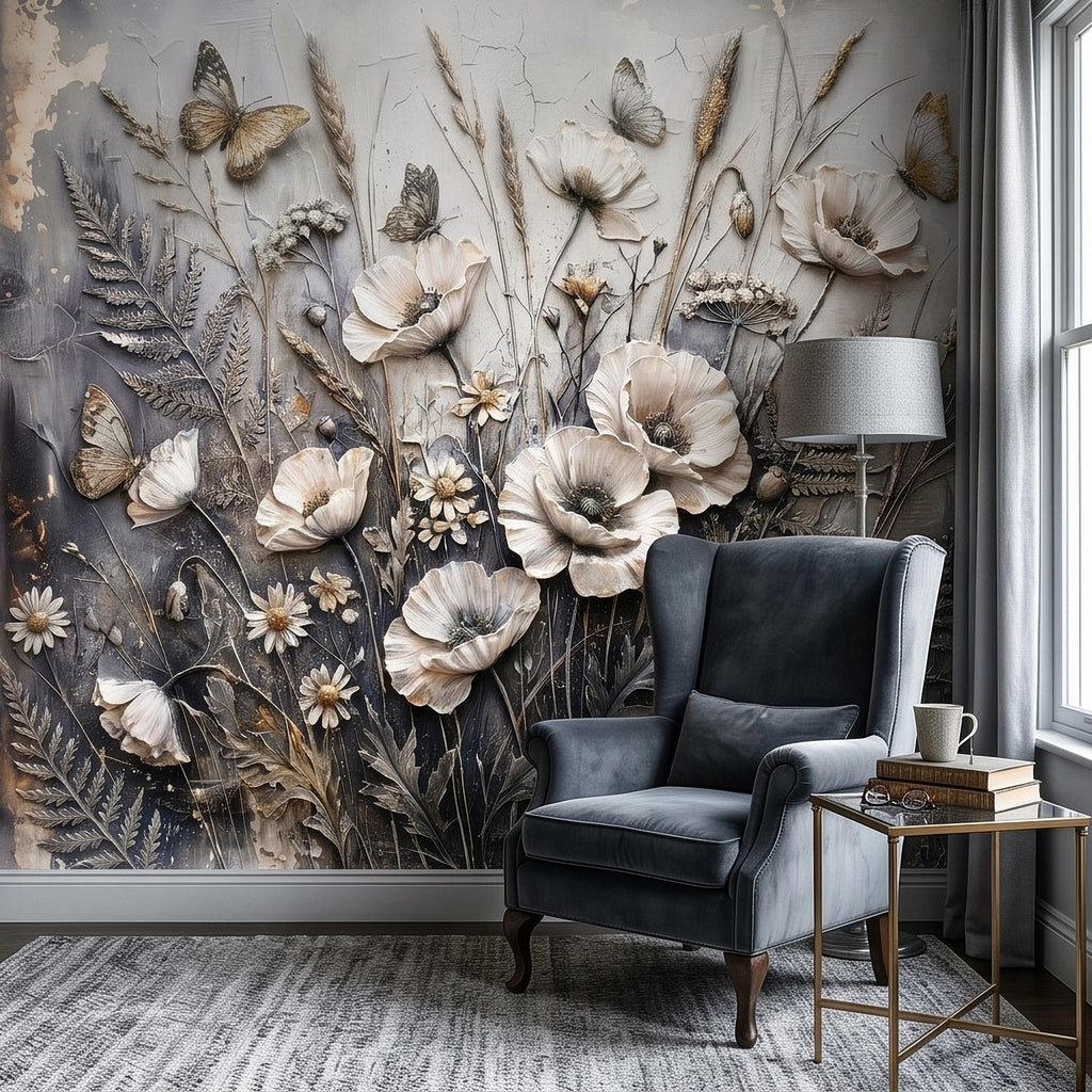 White Floral Botanical Peel & Stick Wall Mural Textured Butterflies Wildflowers Gray Plaster Style Luxury Embossed Vintage Elegant Wallpaper