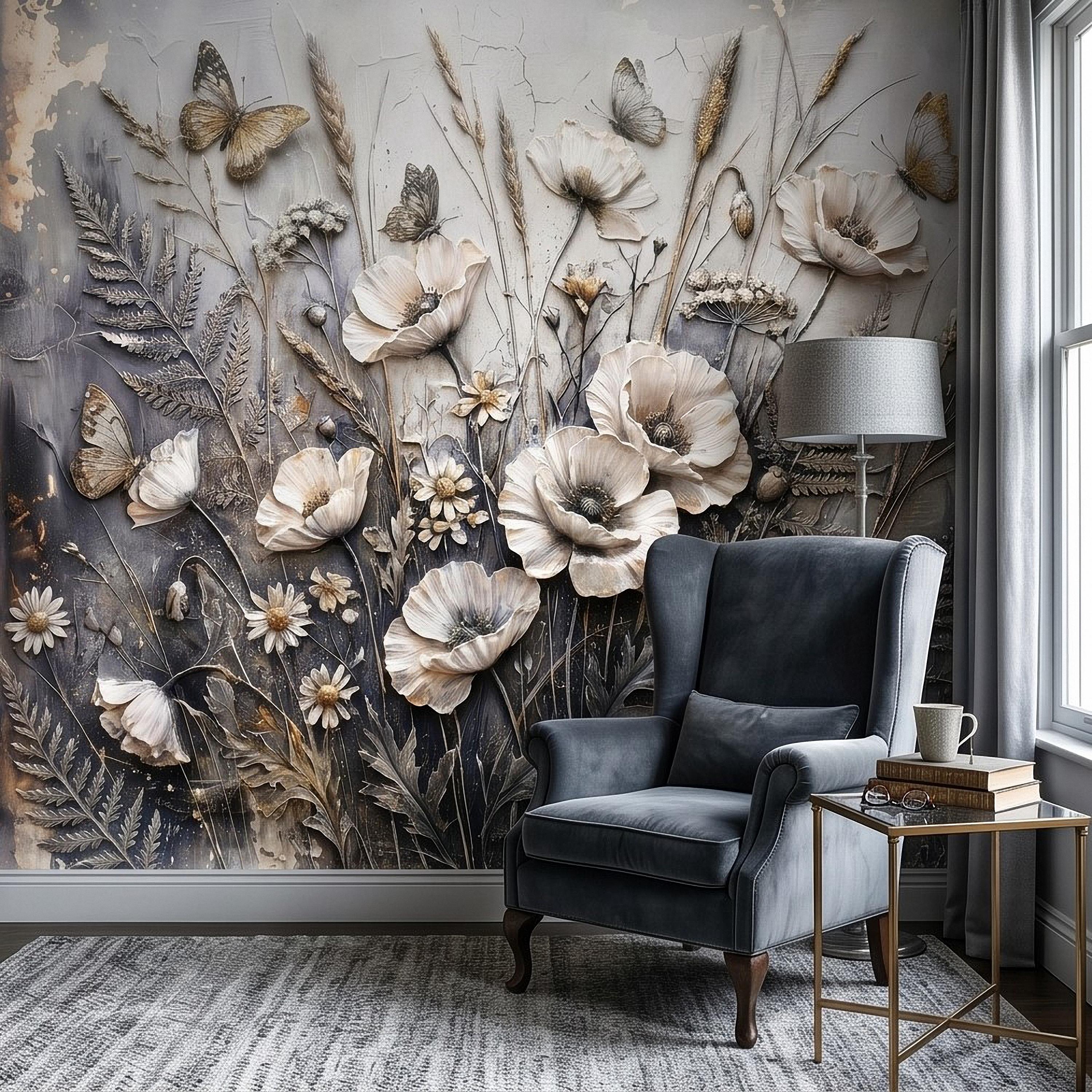 White Floral Botanical Peel & Stick Wall Mural Textured Butterflies Wildflowers Gray Plaster Style Luxury Embossed Vintage Elegant Wallpaper