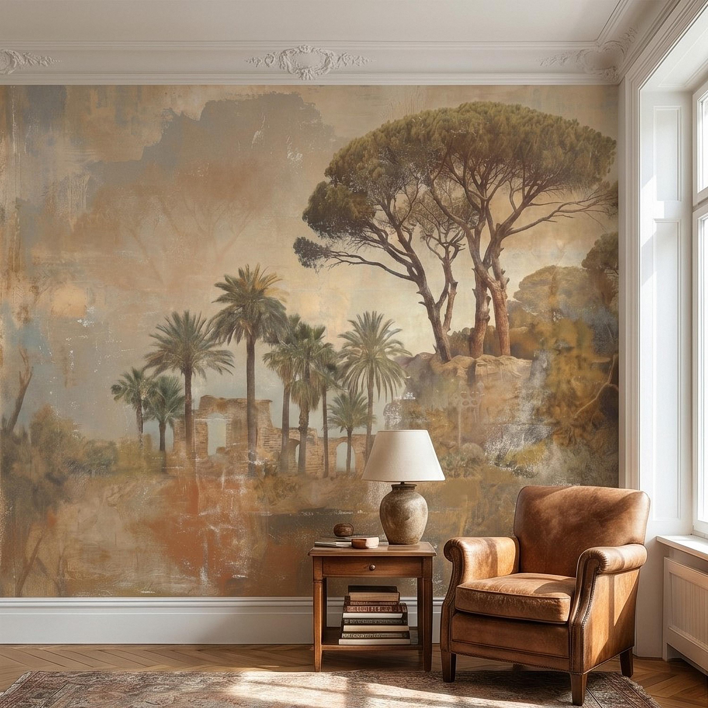 Mediterranean Palms Umbrella Pines & Roman Ruins Peel and Stick Wall Mural, Vintage Tuscan Landscape Old World Plaster Aged Fresco Wallpaper