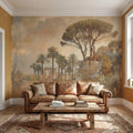Mediterranean Palms Umbrella Pines & Roman Ruins Peel and Stick Wall Mural, Vintage Tuscan Landscape Old World Plaster Aged Fresco Wallpaper