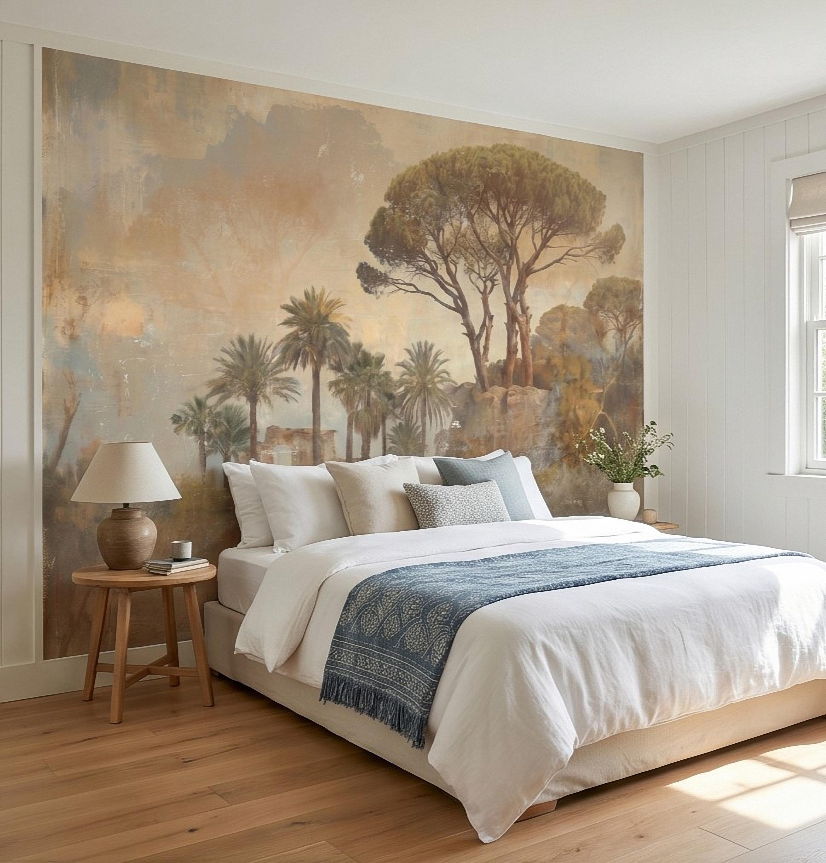 Mediterranean Palms Umbrella Pines & Roman Ruins Peel and Stick Wall Mural, Vintage Tuscan Landscape Old World Plaster Aged Fresco Wallpaper