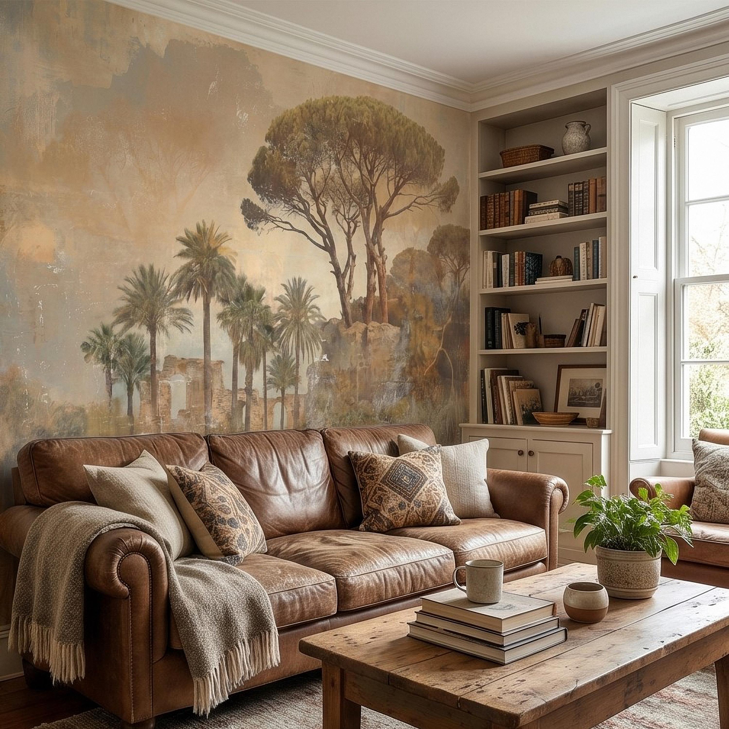 Mediterranean Palms Umbrella Pines & Roman Ruins Peel and Stick Wall Mural, Vintage Tuscan Landscape Old World Plaster Aged Fresco Wallpaper