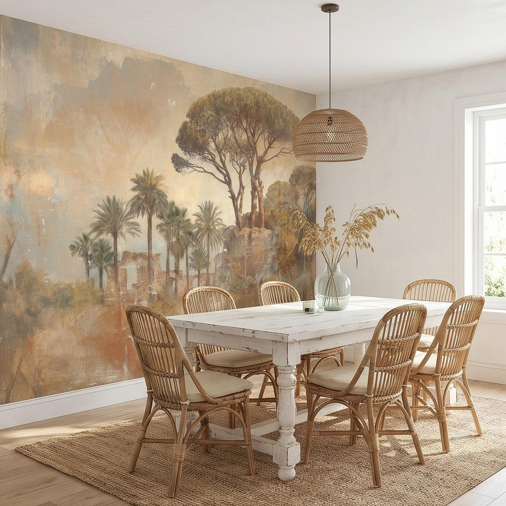 Mediterranean Palms Umbrella Pines & Roman Ruins Peel and Stick Wall Mural, Vintage Tuscan Landscape Old World Plaster Aged Fresco Wallpaper