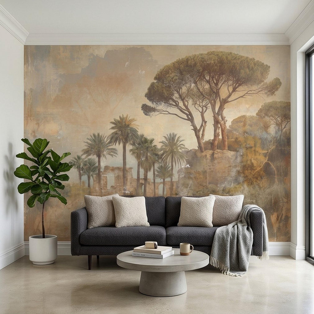Mediterranean Palms Umbrella Pines & Roman Ruins Peel and Stick Wall Mural, Vintage Tuscan Landscape Old World Plaster Aged Fresco Wallpaper