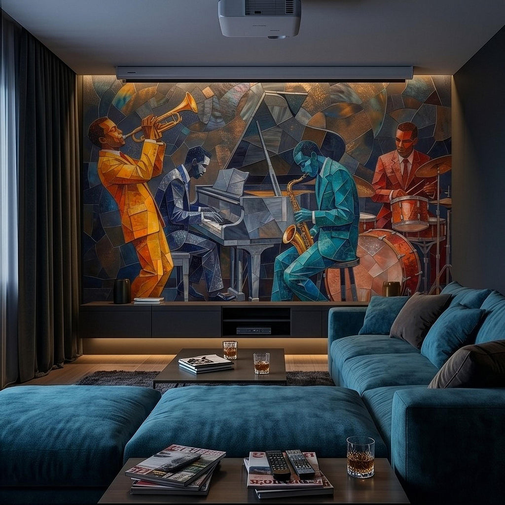 Cubist Jazz Band Peel and Stick Wall Mural, Geometric Mosaic Musicians with Trumpet Piano Sax Drums, Mid Century Art Deco Lounge Wallpaper
