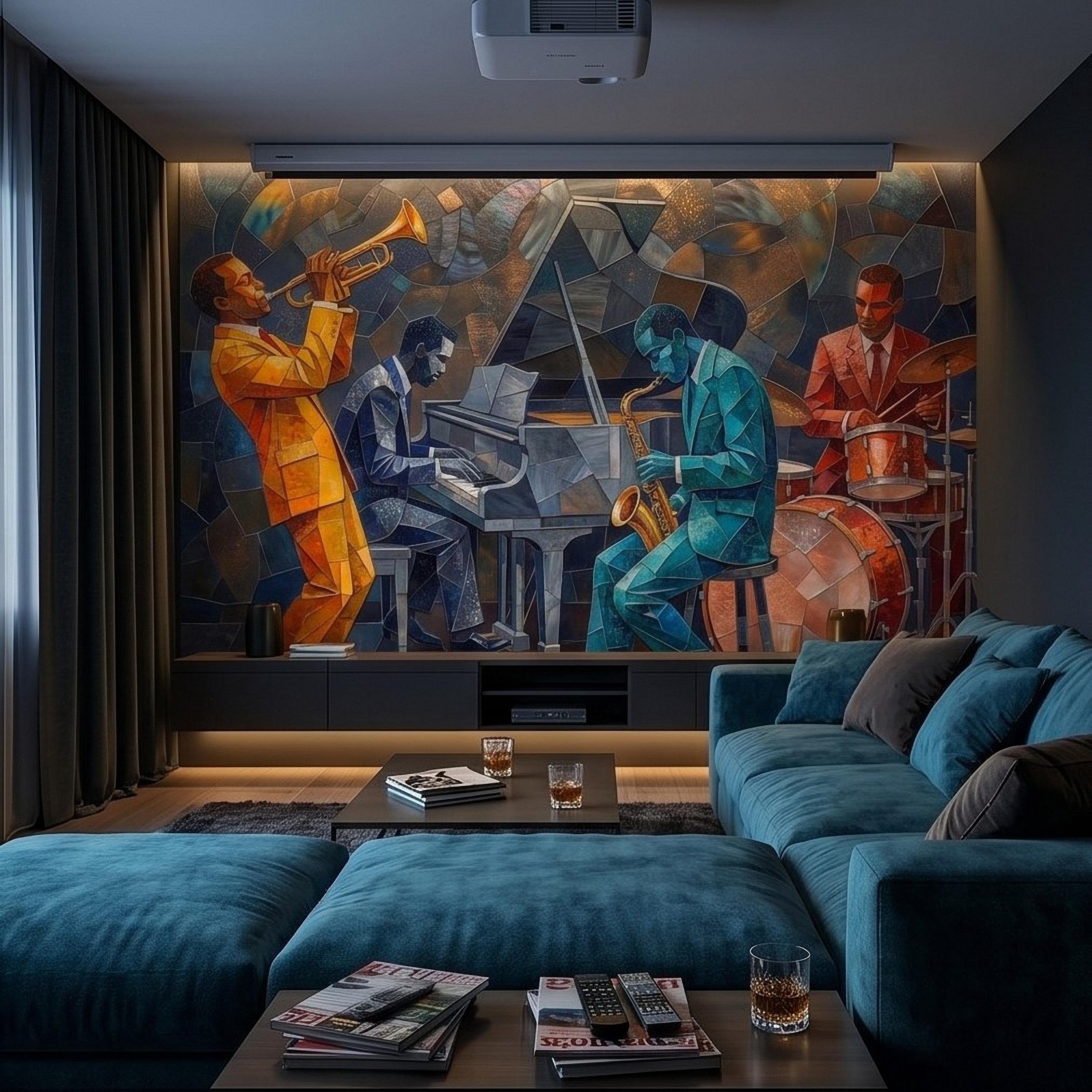 Cubist Jazz Band Peel and Stick Wall Mural, Geometric Mosaic Musicians with Trumpet Piano Sax Drums, Mid Century Art Deco Lounge Wallpaper