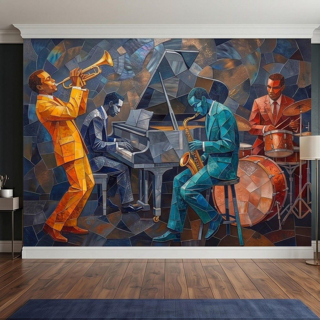 Cubist Jazz Band Peel and Stick Wall Mural, Geometric Mosaic Musicians with Trumpet Piano Sax Drums, Mid Century Art Deco Lounge Wallpaper