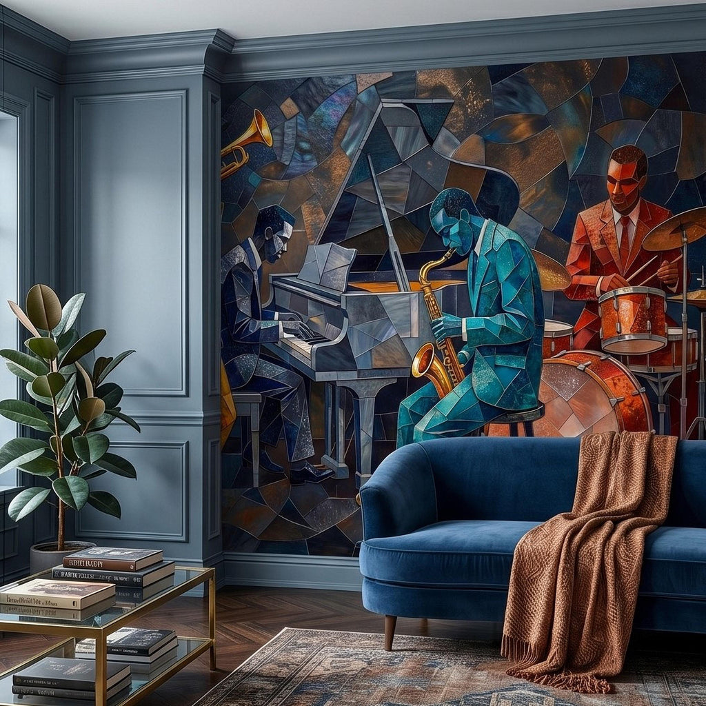 Cubist Jazz Band Peel and Stick Wall Mural, Geometric Mosaic Musicians with Trumpet Piano Sax Drums, Mid Century Art Deco Lounge Wallpaper