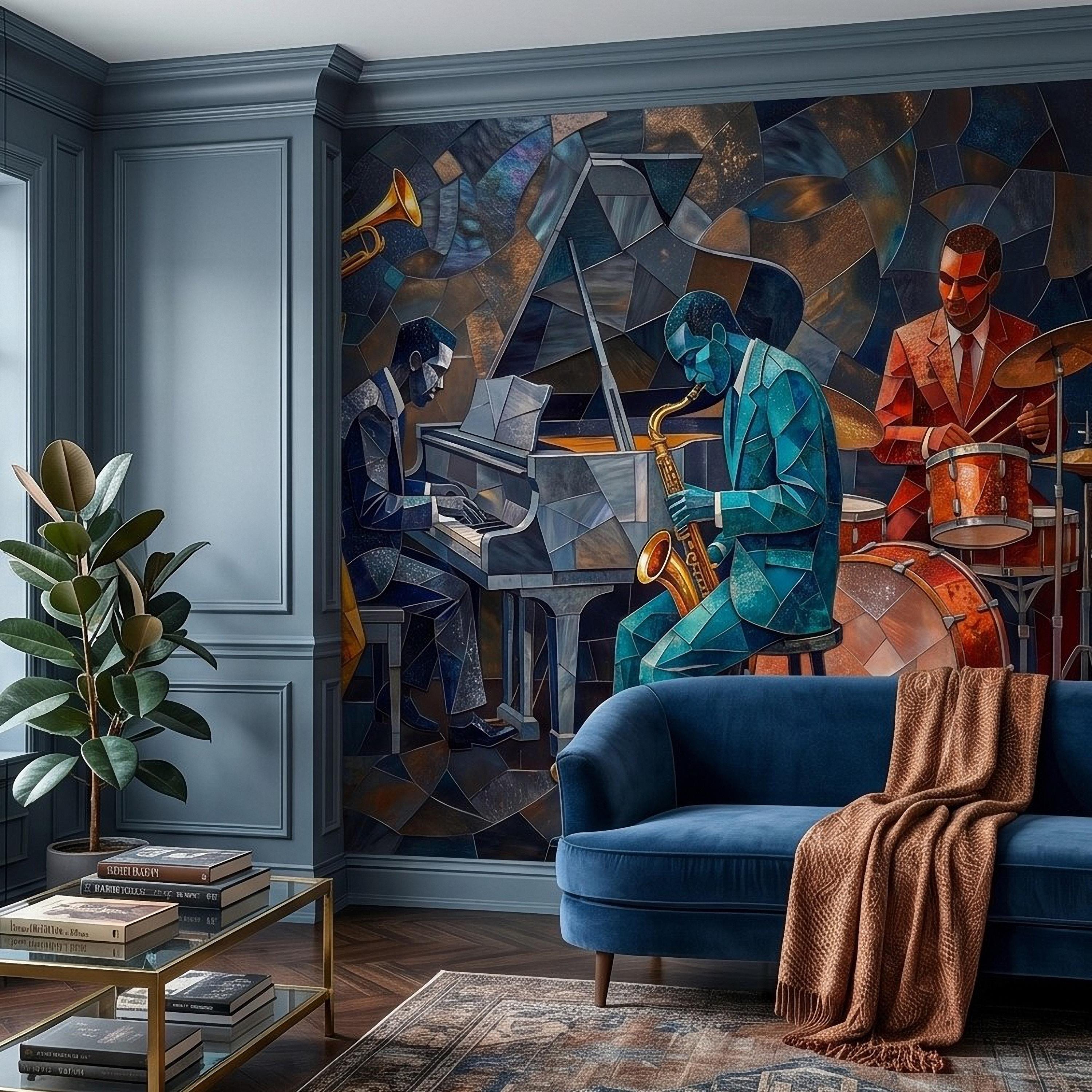 Cubist Jazz Band Peel and Stick Wall Mural, Geometric Mosaic Musicians with Trumpet Piano Sax Drums, Mid Century Art Deco Lounge Wallpaper