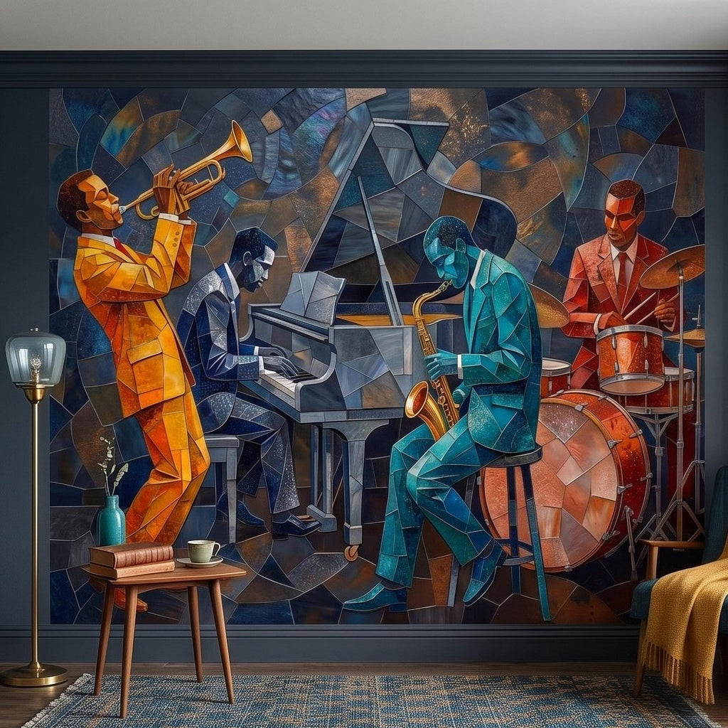 Cubist Jazz Band Peel and Stick Wall Mural, Geometric Mosaic Musicians with Trumpet Piano Sax Drums, Mid Century Art Deco Lounge Wallpaper
