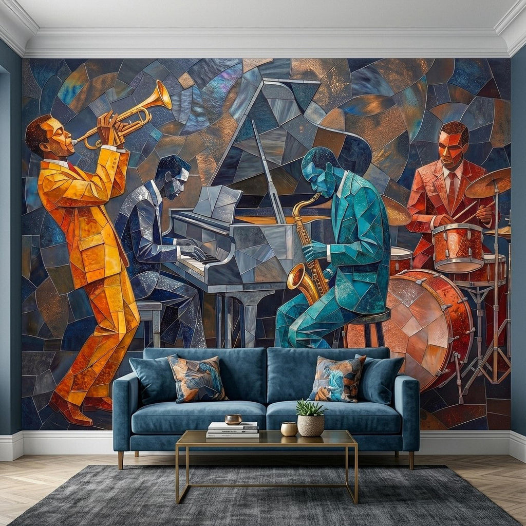 Cubist Jazz Band Peel and Stick Wall Mural, Geometric Mosaic Musicians with Trumpet Piano Sax Drums, Mid Century Art Deco Lounge Wallpaper